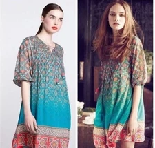 TANVI KEDIA Anthropologie Tunic Dress Jade Rose Yellow Ivory Arabesque Small