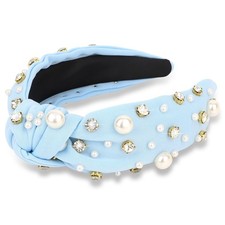 Blue Headband for Women Pearl Knotted Headband Sparkly Rhinestone Pearls Top ...