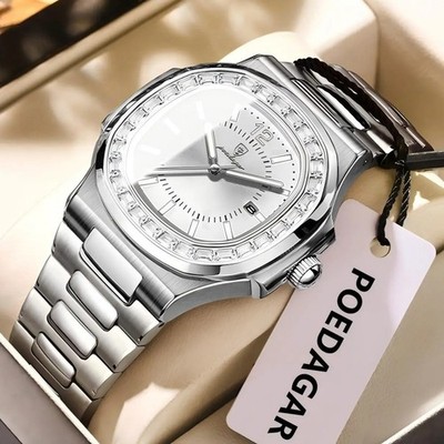 POEDAGAR Luxus Herren Uhr Edelstahl Quarz Wasserdicht Luminous Datum Business