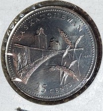 1992 Canada 25 Cents Coin Queen Elizabeth 11 Saskatchewan Train Wheat Elevator
