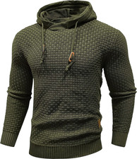 Mens Hooded Sweatshirt Long Sleeve Solid Knitted Hoodie Pullover Sweater