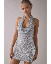Urban Outfitters UO Coyote Silver Sequin Halter Bodycon Mini Dress Small S