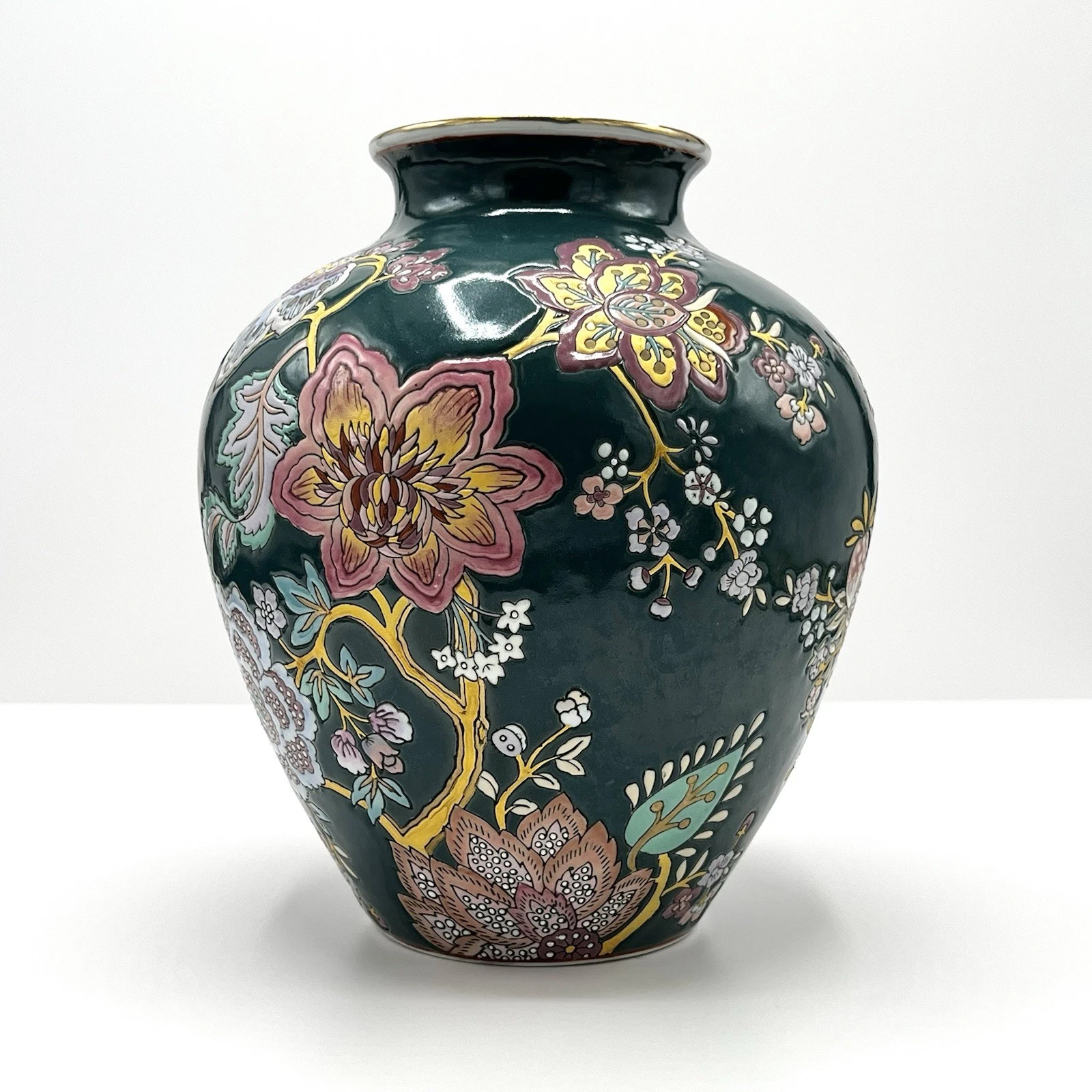 Vtg Large Teal Porcelain Vase Andrea By Sadek Embossed Elaborate Floral Design