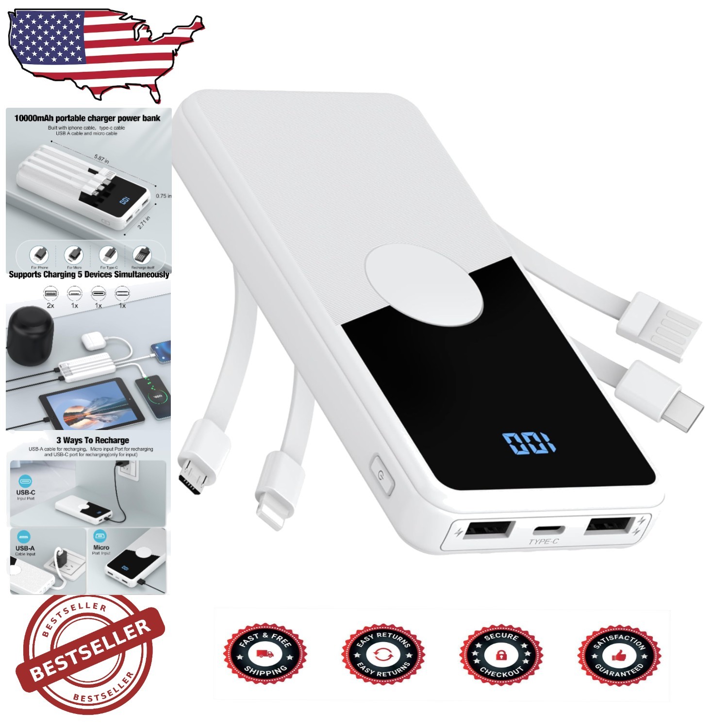 Ultra-Compact Fast Charging Power Bank with 5 Outputs & 3 Inputs for iPhone Samsung iPad