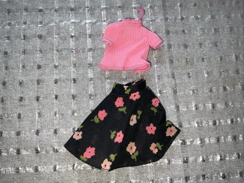 Vintage Barbie Skipper Doll Outfit Black Floral Skirt Pink Shirt Top