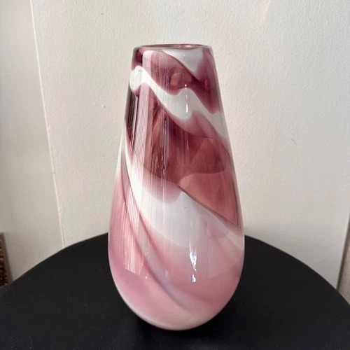 Vintage Hand Blown Art Glass Vase Pink White Swirl Murano Style Mid Century