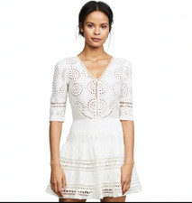 LoveShackFancy Eyelet Tunic/Mini Dress Sz Small White Zipper Half Sleeve V