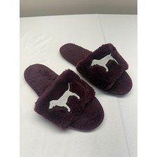 Victoria's Secret PINK Faux Fur Slides Slippers Burgundy Purple Silver Dog Small