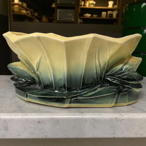 Vintage McCoy Pottery Lotus Yellow Green Planter 7” x 4”