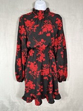 Shein Black and Red Floral Print Ruffle Midi Dress Size Large Waist Flattering
