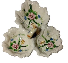 Vintage Maruhon Ware Sectioned Relish Dish Leaf with Hand Painted Flowers SEE