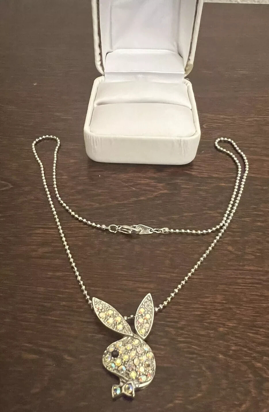 Vintage Y2K Playboy Bunny Pendant Necklace Silver-Tone Rhinestone Black Eye 16”