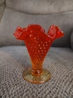 Fenton Hobnail Amberina Glass 4"  Vase Crimped Edge Pedestal