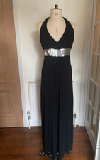 New Bay Black & Silver SPARKLY SEQUIN Waist tie Long Black Maxi Dress Size 14
