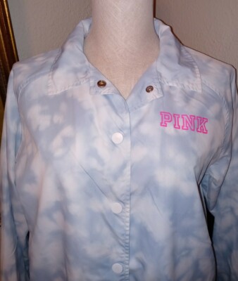 NWOT VICTORIAS SECRET PINK WINDREAKER JACKET TIE DYE BLUE XS SNAP
