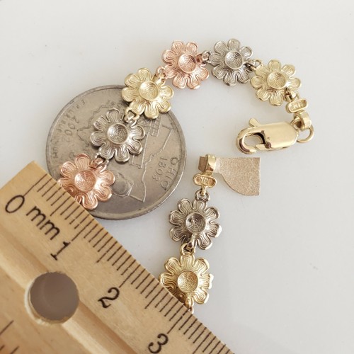 Solid real 14k yellow white rose gold flower bracelet 7.5 inches long - Picture 8 of 12