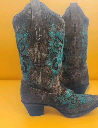 Corral Women's Western L D Dark Ant. Saddle / Turquoise Inlay & Studs Size 7.5 - Picture 5 of 8