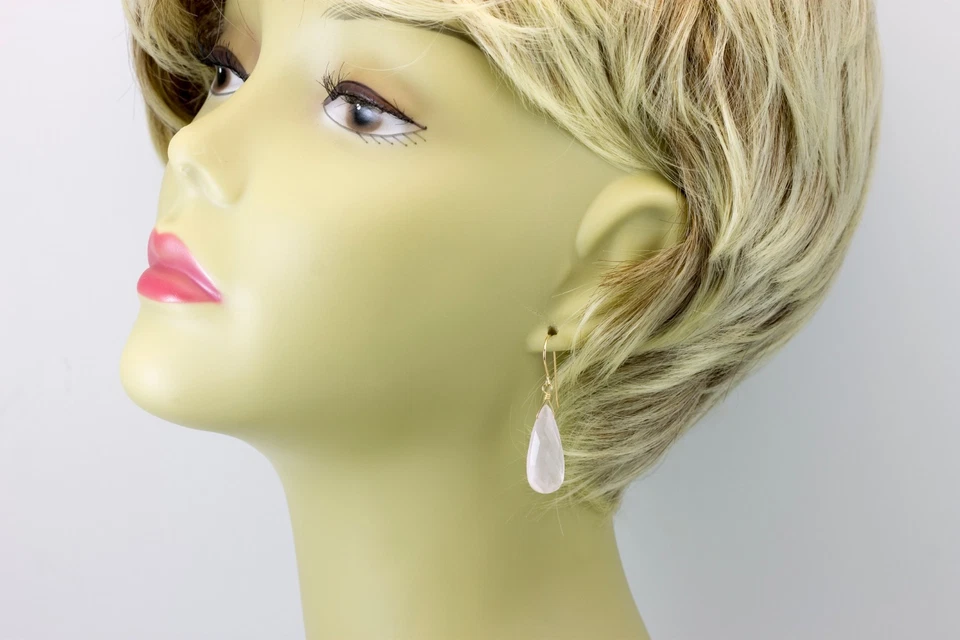 Pendientes de cuarzo rosa grandes gotas facetadas lágrima rosa oro macizo de 14 k de ley Foto 4 de 4