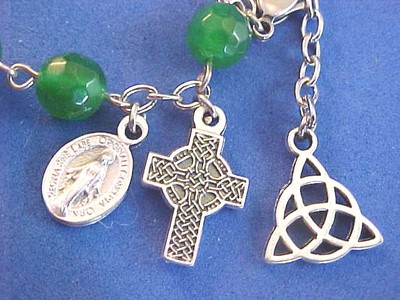 Custom Rosary Bracelet Emerald Jade Stainless Metal Trinity Knot Celtic Cross 
