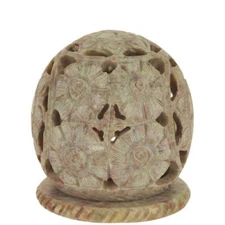 Burner for Cones and Candle Holder - Soapstone Carved T-Lite Ball - Flowers 3 in