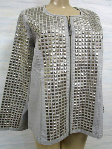 DIANE GILMAN GRAY PYRAMID STUDDED DENIM LONG SLEEVE JACKET SIZE L - NWT - Picture 2 of 8