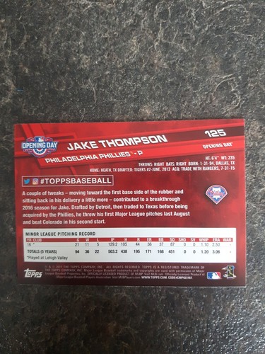 2017 Topps Rookie Jake Thompson RC Card# 344 - Picture 2 of 2