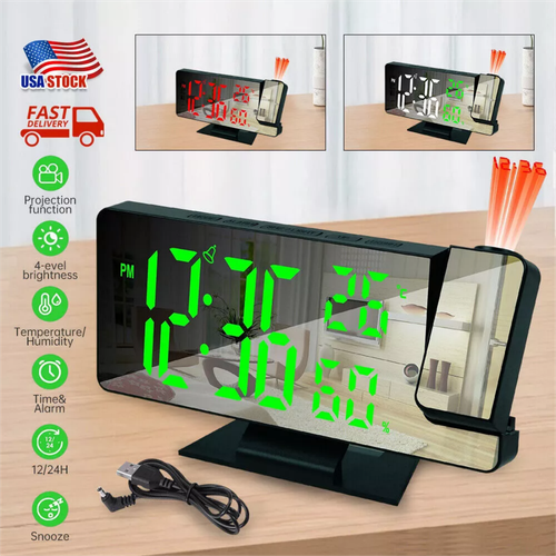 7.8"LED-Projection Alarm-Clock Digital Clock with 180° Projector Snooze Bedside - Picture 3 of 14