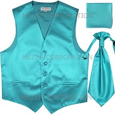 New Men's Tuxedo Vest Horizontal Stripes Ascot Cravat Hankie set turquoise blue