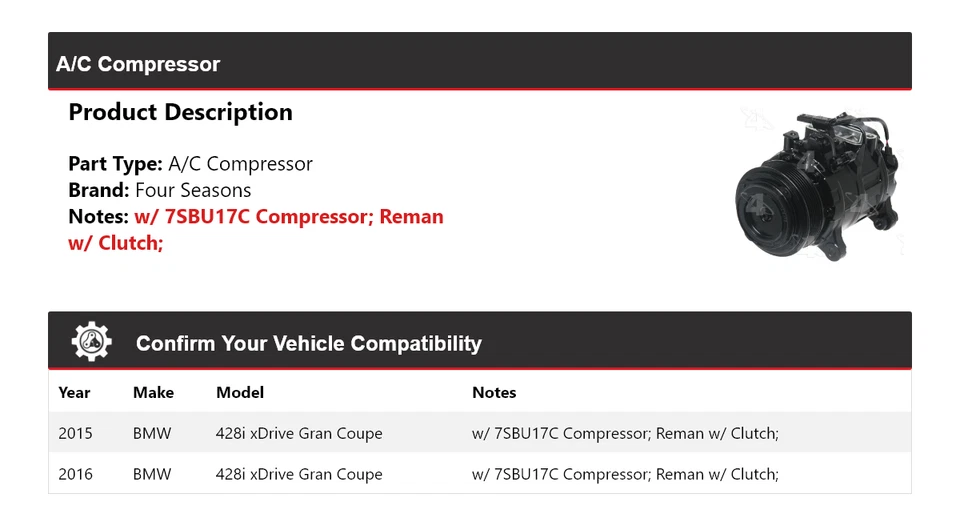 Compresor de aire acondicionado para BMW 428i xDrive Gran Coupé 2015-2016 4 estaciones Foto 2 de 4