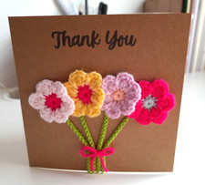 HANDMADE THANK YOU CARD WITH CROCHET FLOWERS PASTEL SHADES *FREE POSTAGE*