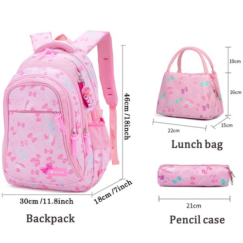 3-teilig Mädchen Schleife Katzendrucke Schulbuch Tasche Reiserucksack Mittagessen Schultertasche - Bild 5 von 22