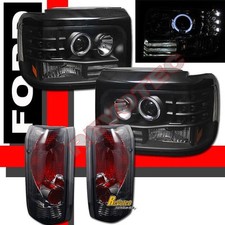 92-96 Ford F150 Bronco Halo Led Black Projector Headlights Tail Lights Smoke