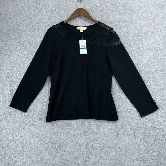 NEW Michael Kors Womens L Crewneck Lace Long sleeve Knit Top Black