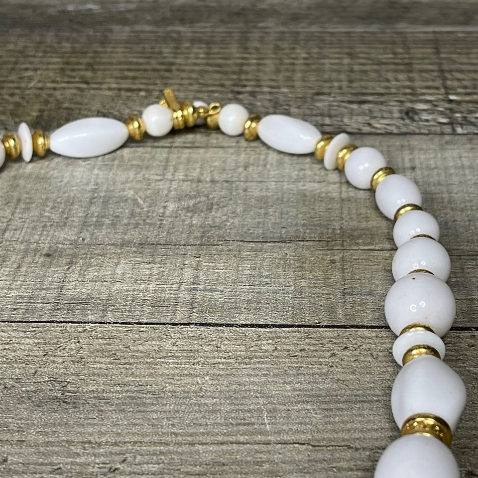 Vintage White Bead Necklace with Gold Accents Hollywood Costume Jewelry