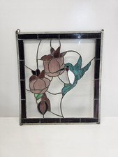 Vintage Stained Glass Window Panel Hummingbird Rose Floral Leaded Art 18x20
