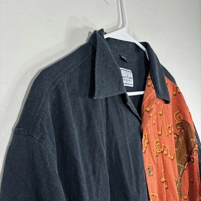 David Carey Shirt Mens XL Black Orange Guitar Music Notes Button Up Camp Casual - Image 2 of 4