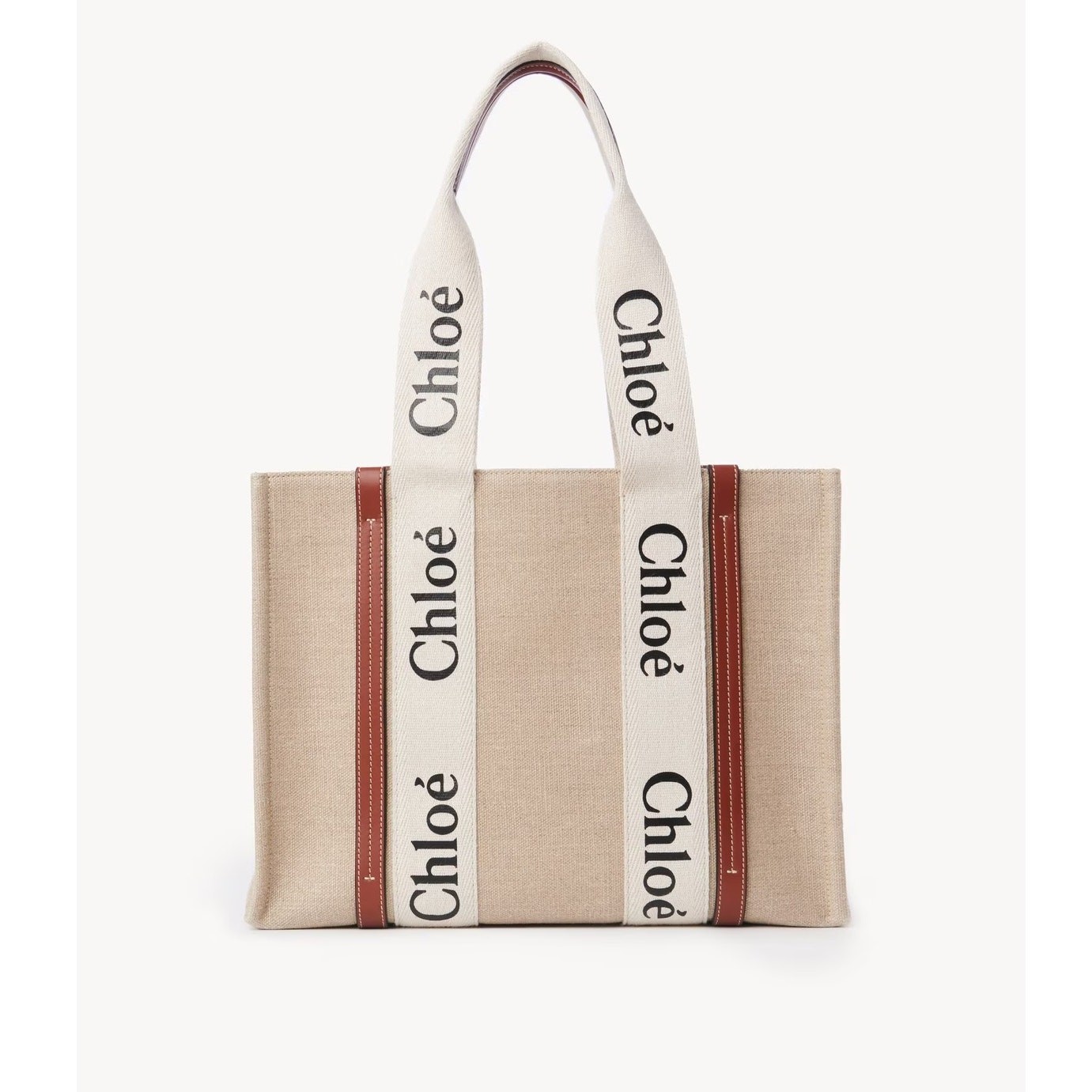 NWT Chloé Linen Woody Medium Tote Bag in White/Brown