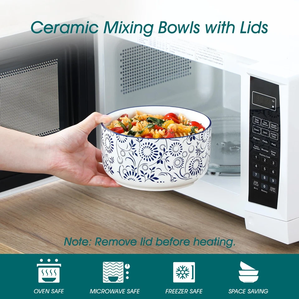 Juego de 4 cuencos para servir de cerámica con tapas de 36 OZ, cuencos para almuerzo de porcelana con Li... Foto 4 de 4