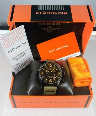 Stuhrling 3956 5 Aviator Chronograph Date Green Leather Strap Mens Watch