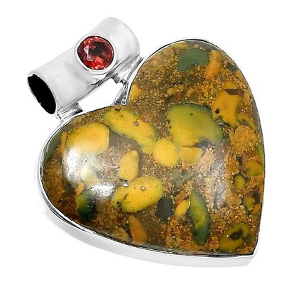 Premium Heart Bamboo Jasper & Garnet 925 Sterling Silver Pendant Jewelry P-1300