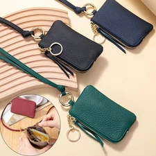 Women Leather Coin Purse Change Pouch Wallet Zipper Card Holder with Key Chain