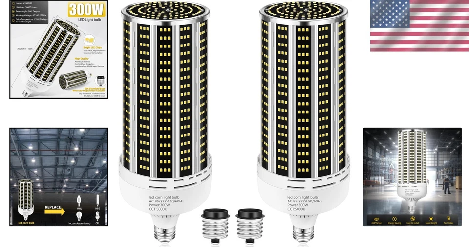 2 Pack 300W LED Bulbs - High Efficiency 43500 Lumens, Instant On, E26/E39 Base - Image 2 of 4