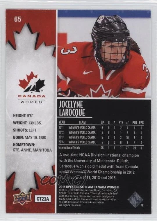 2015 Upper Deck Team Canada Juniors Exclusives /199 Jocelyne Larocque #65 - Image 2 of 2