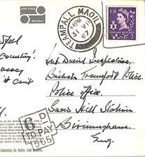 IRELAND EIRE Card DISALLOWED GB NI *REGIONAL* Templemoyle 1967 6d Charge WD204