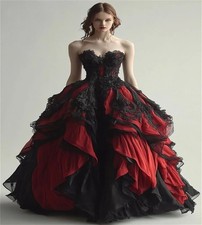 Black And Red Wedding Dress Sweetheart Tulle Ruffle Vampire Gothic Bridal Gowns