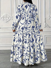 Plus Size Long Blue White Floral Maxi Dress 2XL‑4XL V‑Neck Ruffle Hem Elegant