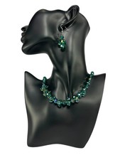 Green Glass Beaded Collar Necklace  Dangle Earrings Set Faceted Cut Handmade