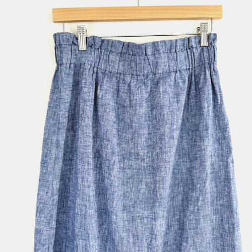 Express Skirt Size S Maxi Chambray Linen Skirt Blue Front Slit Elastic Pull On - Picture 5 of 10