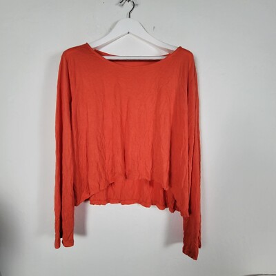 Chalet Et Ceci Womens Long Sleeve Crinkle Cropped Top Size 1X Orange Boat Neck