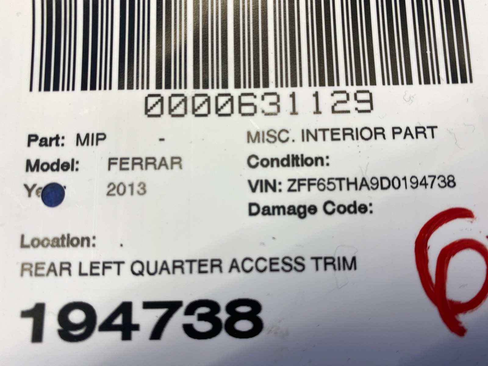 2012-2014 FERRARI CALIFORNIA REAR LEFT QUARTER ACCESS TRIM PANEL COVER CARPET